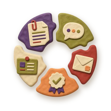 A claymation ring of fragmented documents, charts and a checkmark — work scattered across systems.
