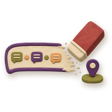A claymation chat bubble being erased by a red eraser, with a pin marker beside it — assistants forgetting context.