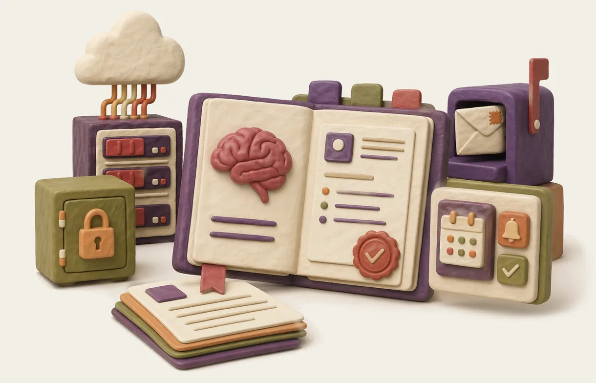 A claymation scene of the Avrelia operating layer: an open book with a brain and a sealed checklist, a server tied to a cloud, a small vault, a mailbox, a calendar and a notifications panel.