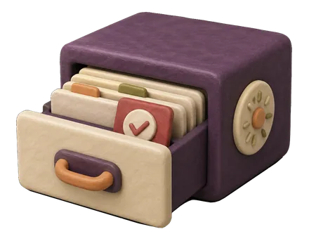 A claymation file cabinet with its drawer pulled open, tabbed cards inside and a combination dial on the side — the company's living ledger.